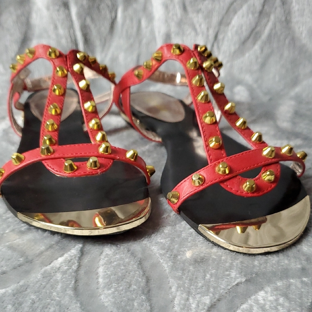 Paprika Red and Gold Gladiator Sandals with Studded Straps